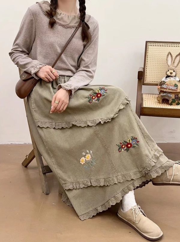 Embroidered Corduroy Skirt